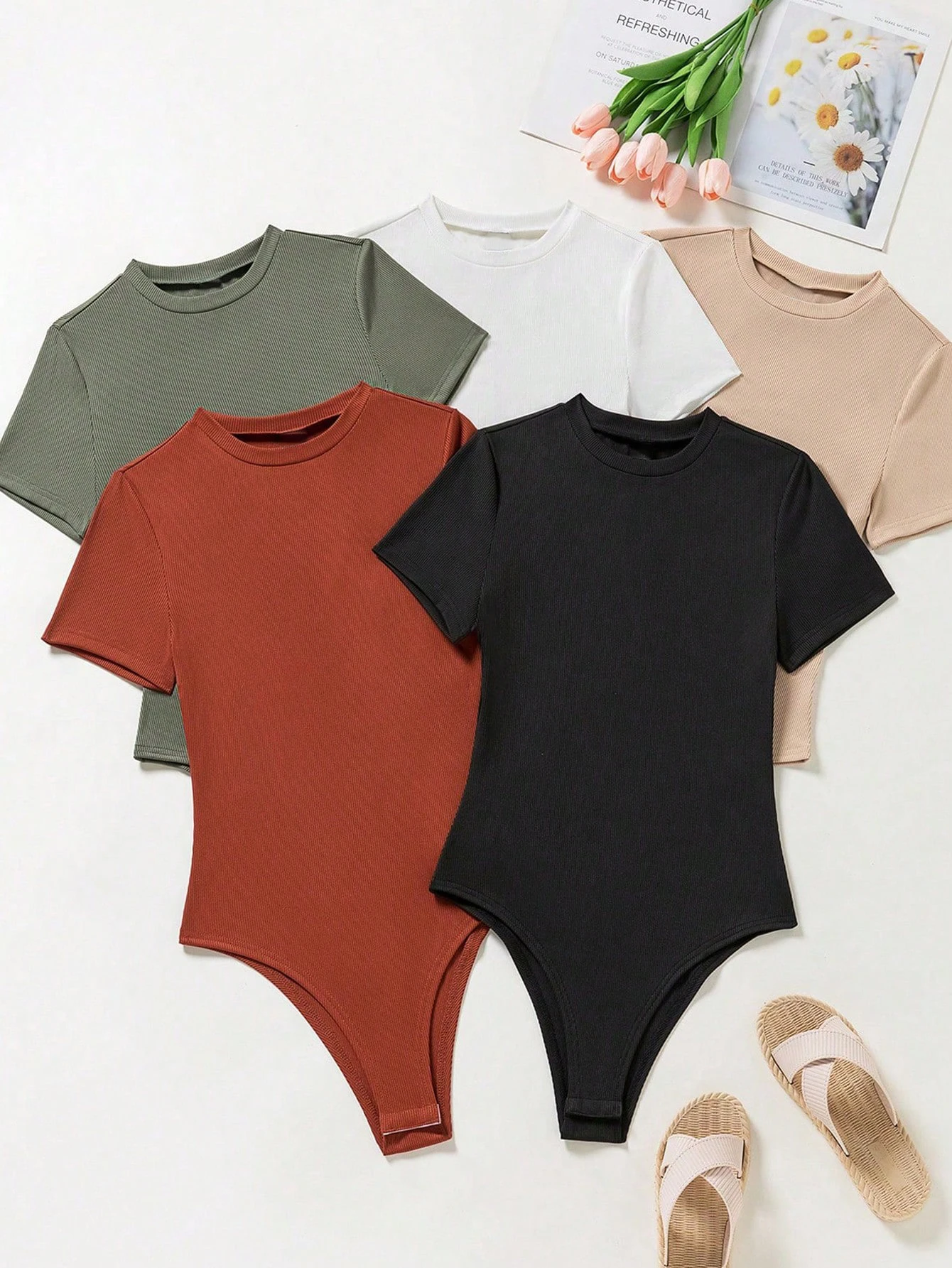 

New fashion women's solid color casual round neck loose-fitting five-piece set