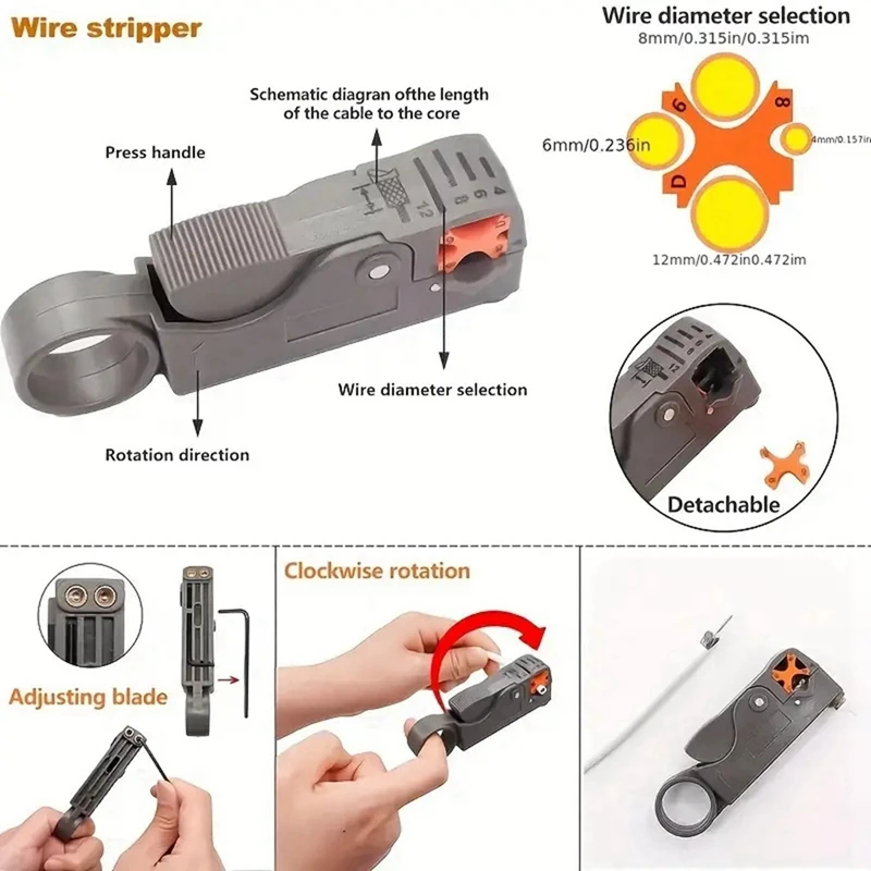 

Набор инструментов для обжима коаксиальных кабелей из 7 предметов: стриппер для проводов и обжимные клещи для разъемов F, RG6, RG59