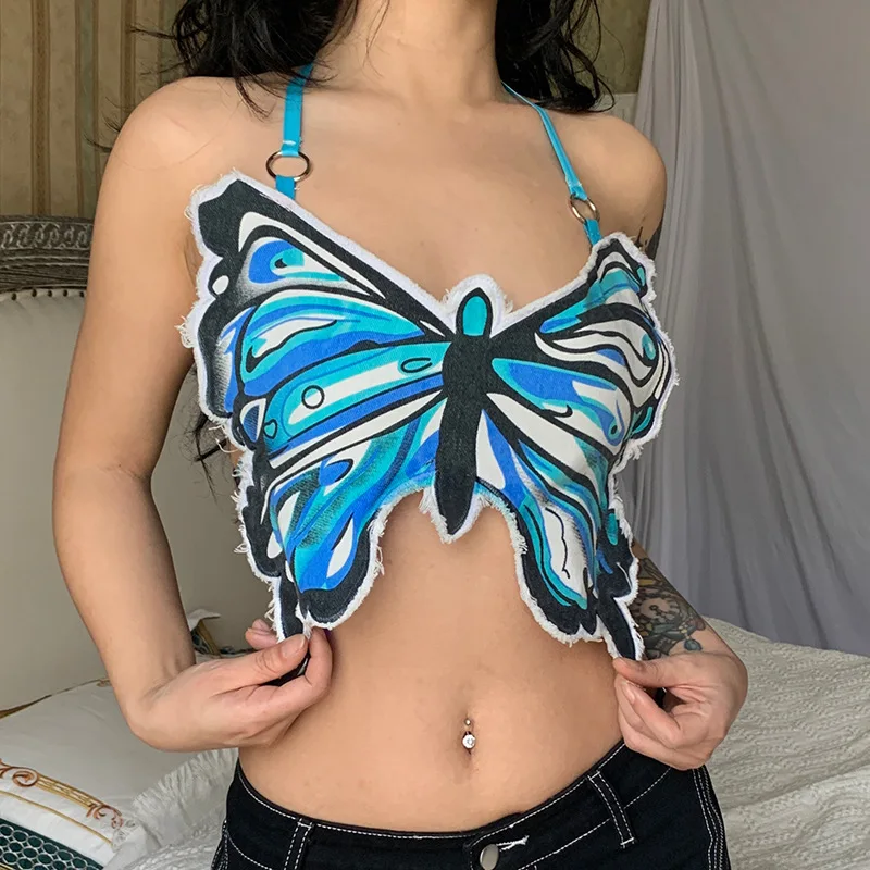 Street Trendy Hot Denim Bra Girls Sexy Butterfly Denim Vest With Strapping Halter Top