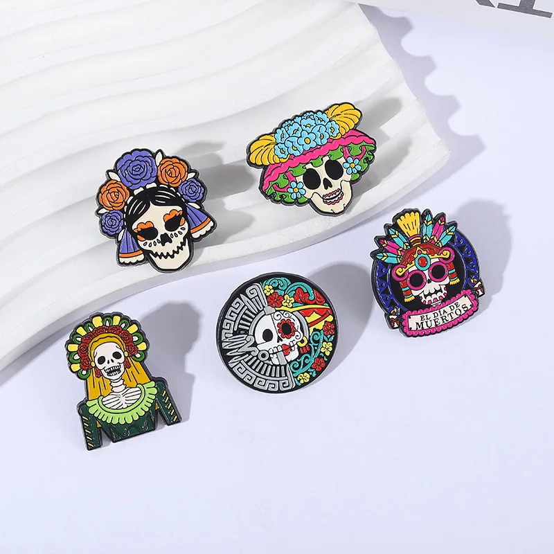 Halloween Brooch Mexican Day of the Dead Style Metal Badge Small Gift Wholesale Hat Pins for Caps Backpack Pin Lapel Badges Cap