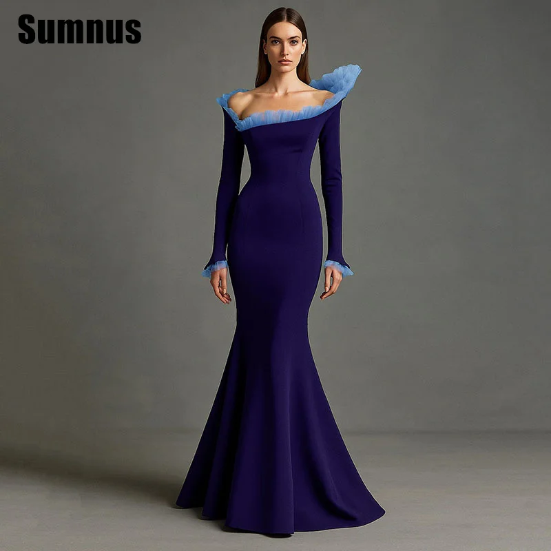 

Sumnus Modern Mermaid Evening Dresses Off Shoulder Contrast Color Long Sleeves Floor-Length Formal Occasion Gowns Customized
