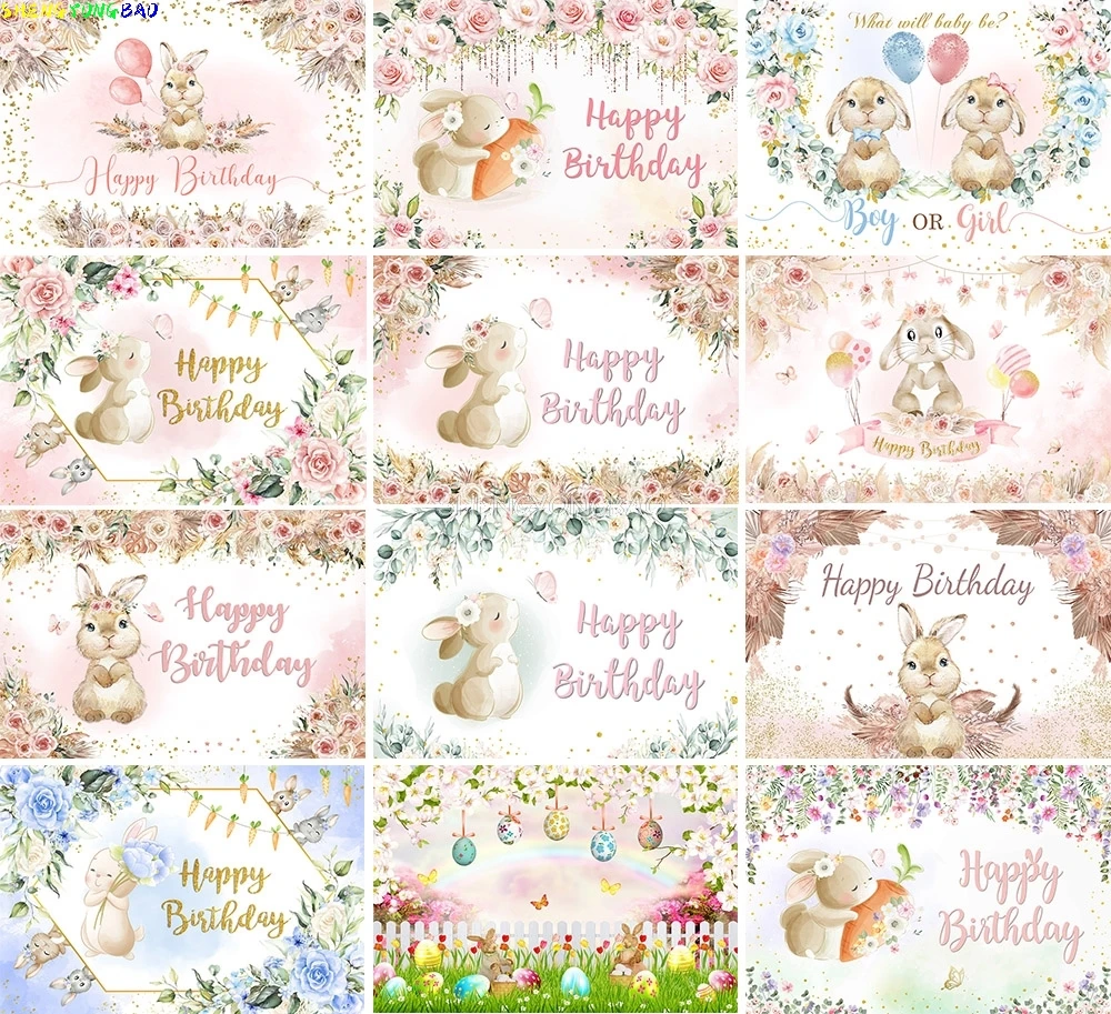

Easter Bunny Rabbit Photography Backdrops Pink Floral Baby Shower Girl Boy Birthday Party Decor Photo Studio Background XZ-01