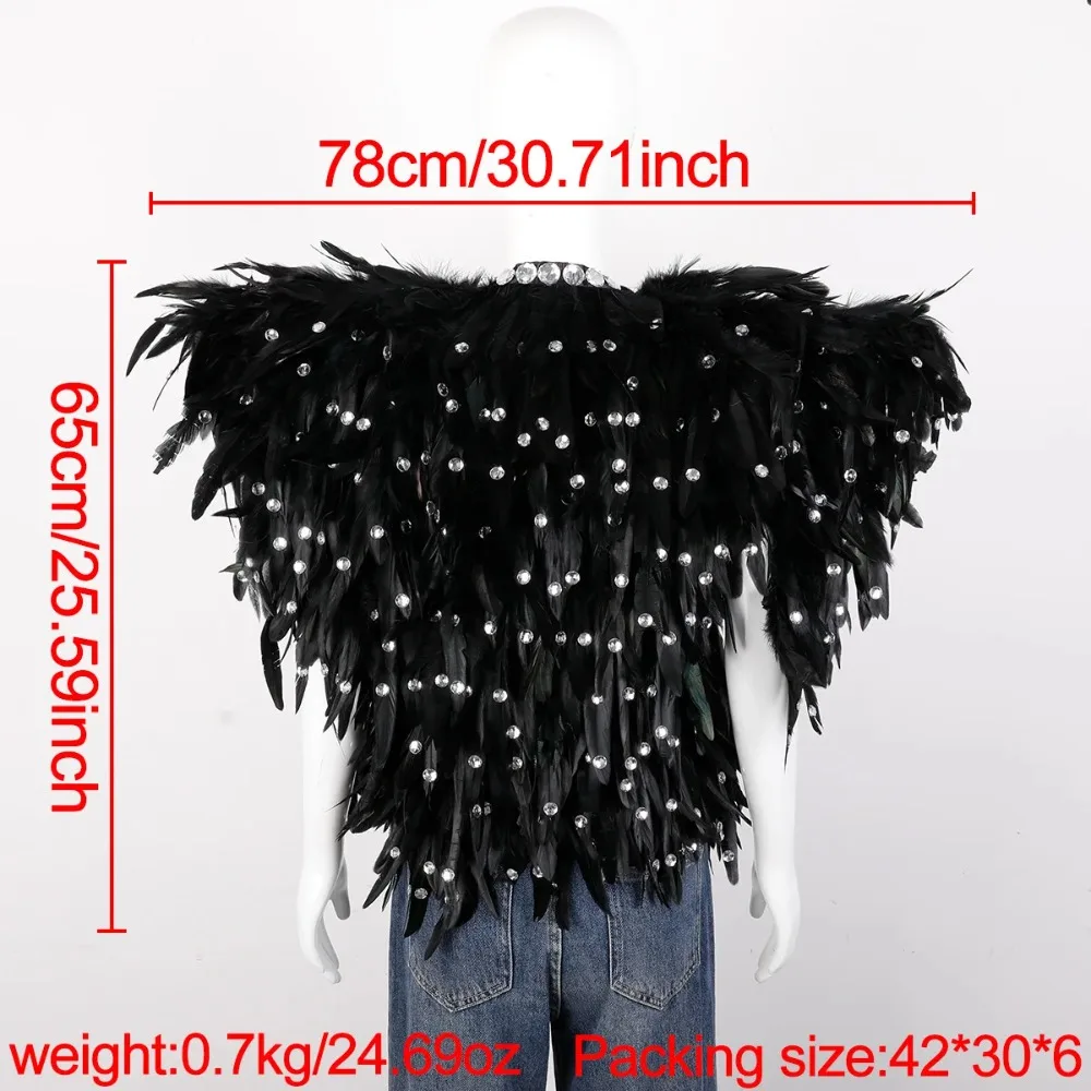 Carnival Halloween Gothic Feather Cape Coat Solid Color Shawl Women's Rhinestone Vest Performance Props Costume Accessories