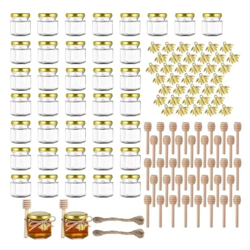 

1.5OZ 60Pack Hexagon Mini Glass Honey Jars with Wooden Dipper Gold Lids Gold Bee Pendants Jutes 60 Pack Perfect for Baby Showers