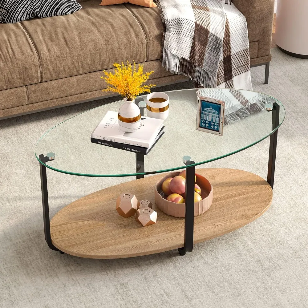 Glass Coffee Table, 2 Tier Oval Tea Table with Tempered Glass Tabletop and Wooden Shelf, Modern Glass Sofa Center Table
