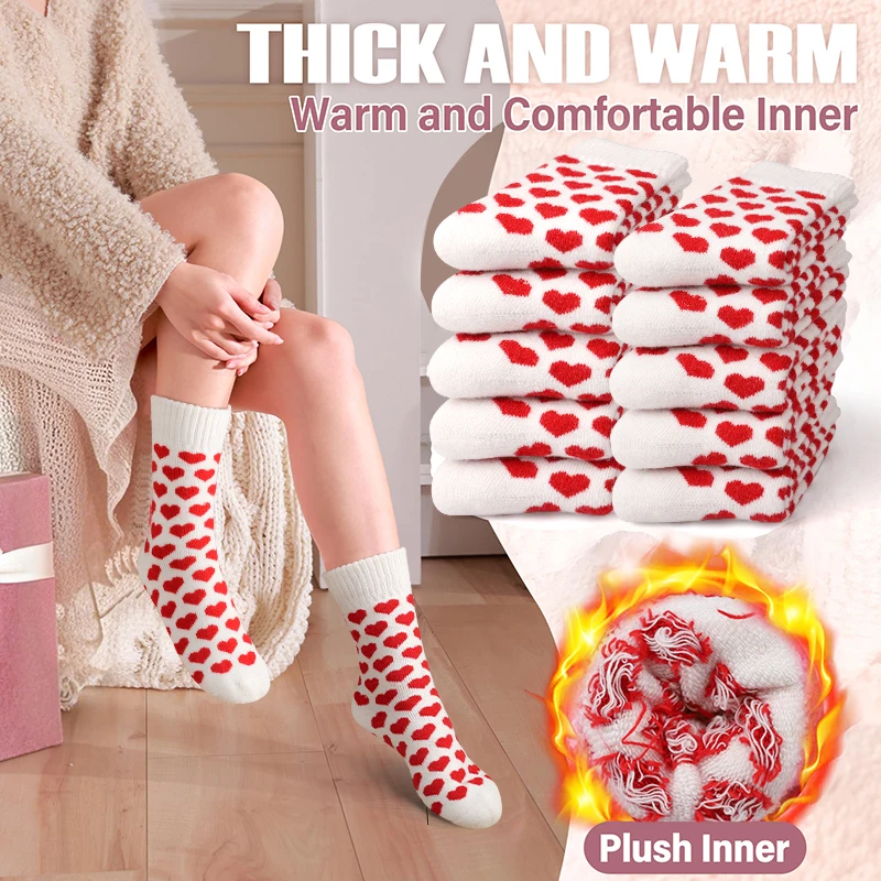 4 Pary Damskich Skarpetek Załogowych z Nadrukiem Serca, Zimowe Pluszowe Skarpety Frotte do Połowy Łydki, Grube Dzianinowe Termiczne Skarpety Śnieżne/Outdoorowe Codzienne Skarpety Podłogowe