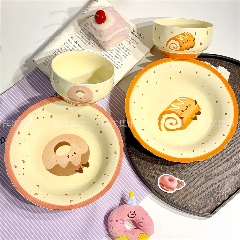 مجموعة أدوات مائدة من أطباق السيراميك الكرتونية اللطيفة لشخص واحد، مطبخ منزلي، طعام، سكن الطلاب، تصميم جمالي هدية