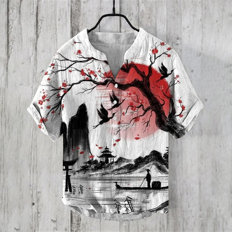 Summer Print Mens Clothing 2024 Vintage Clothes Short Sleeve Henry Shirt Tops Casul Shirts Cardigan Men Clothes Offer Men's