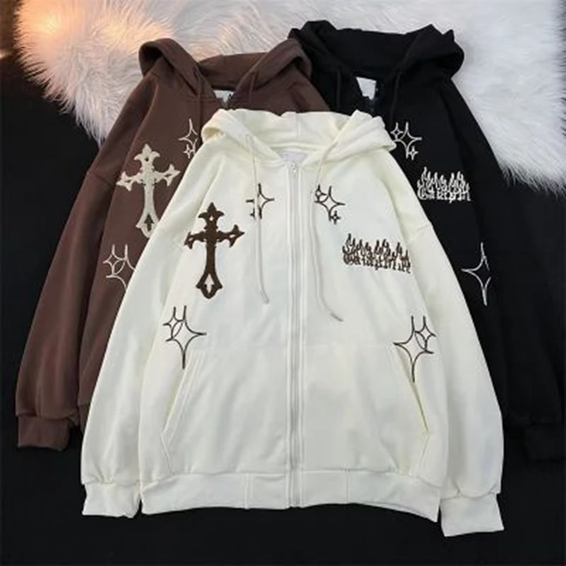 Y2K Hoodies Retro Cross Embroidered Hip Hop Harajuku Casual High Street Gothic Sweatshirt Streetwear Hoodie Clothes Zip Hoodie