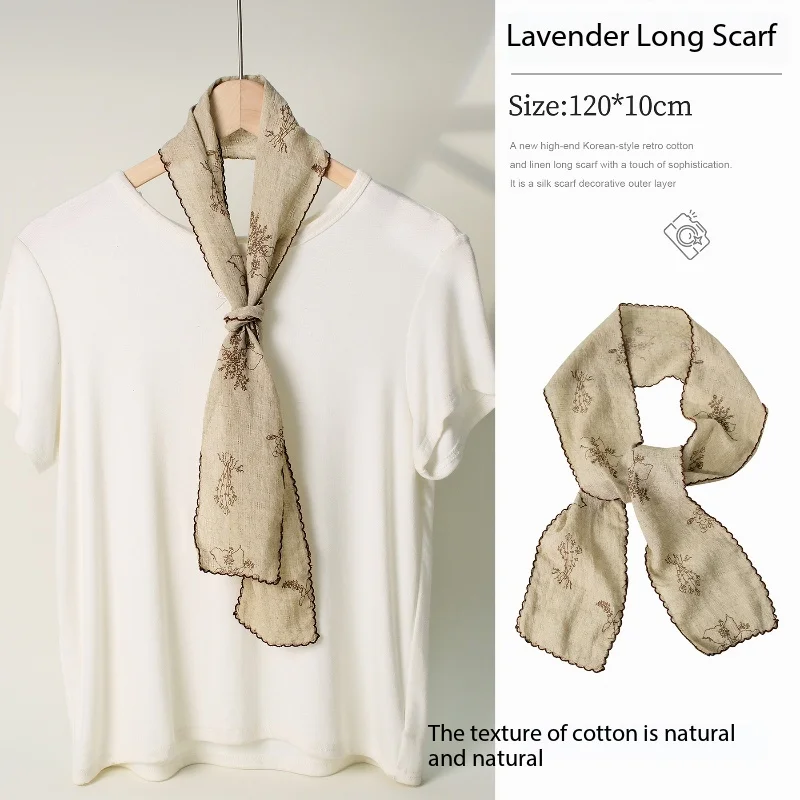 

Women's Forest Printed Cotton Linen Texture Long Scarf Spring Summer New Style Floral Artistic Small Ribbon Neck Wrap