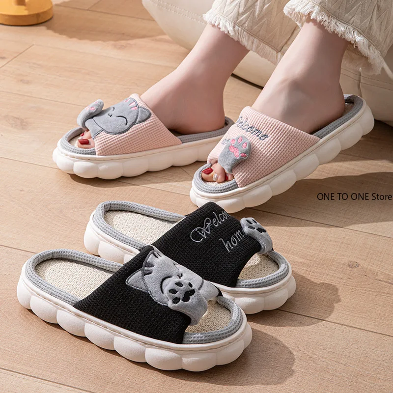 الجملة كيتي النساء النعال موضة تنفس شبشب منزل داخلي امتصاص العرق الكتان عدم الانزلاق النعال النعال عادية