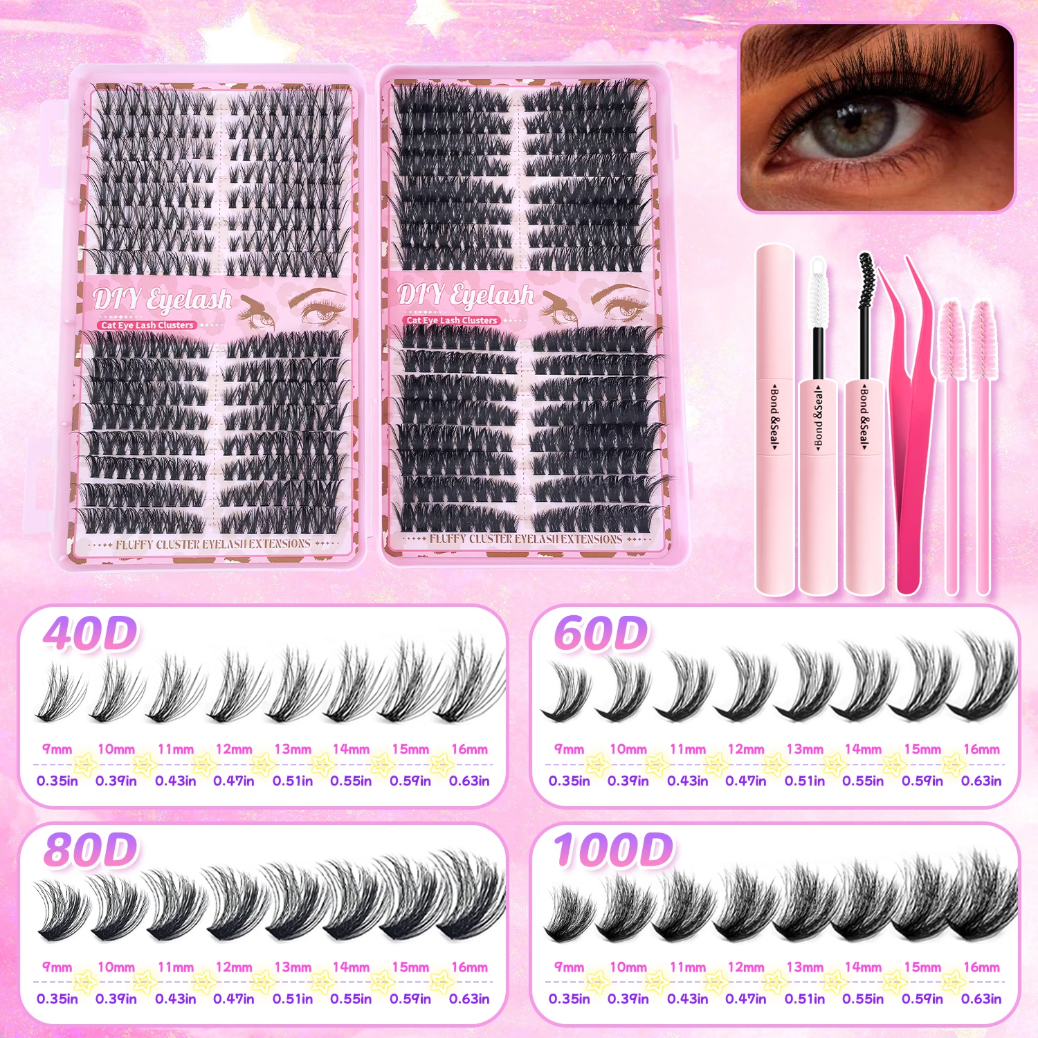 [Cílios grossos] Kit de extensão de cílios modificados mistos de cluster 560/576 com alinhamento de cabeça e cauda, vários estilos para escolher