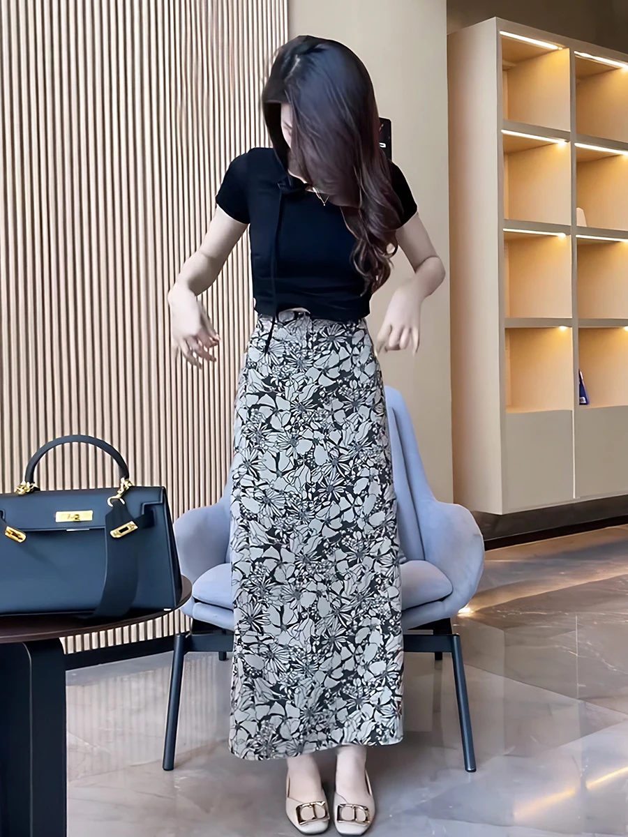 

Юбка-миди трапециевидной формы с высокой талией и цветочным принтом в стиле ретро, женские летние повседневные модные утягивающие юбки с разрезом, длинные юбки из полиэстера