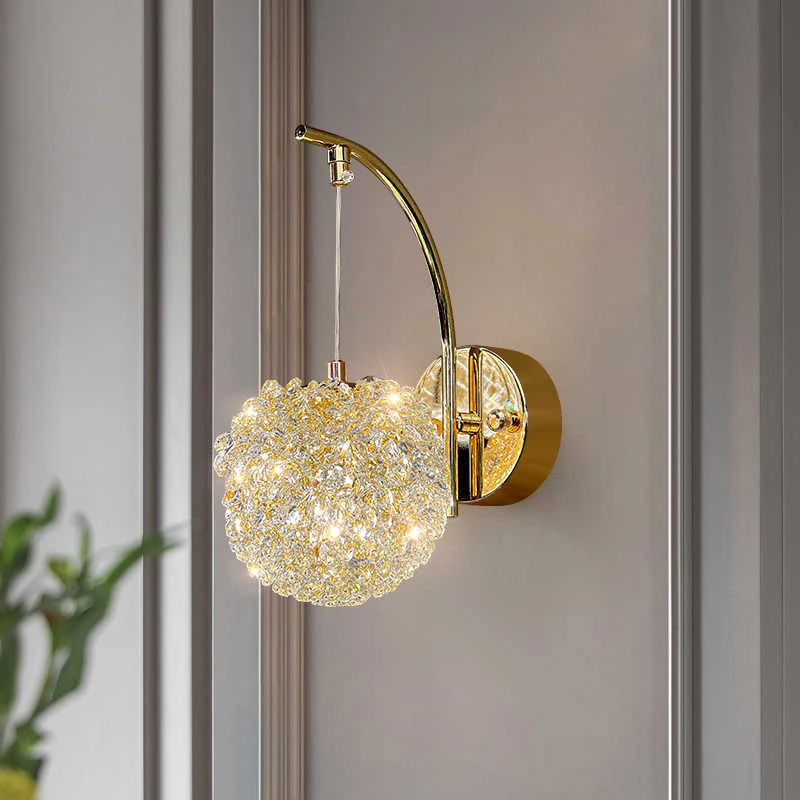

Modern Luxury Crystal Wall Lamp Creative Bedroom Headboard Master Bedroom Wall Lamp Long Pole Lychee Round Ball Lamp