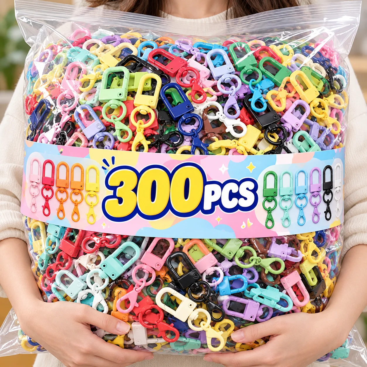 300PCS Colorful Swivel with Rings Lobster Clasp Hooks Metal Clasps for DIY Jewelry Strap Keychain Perler Beads Accessories