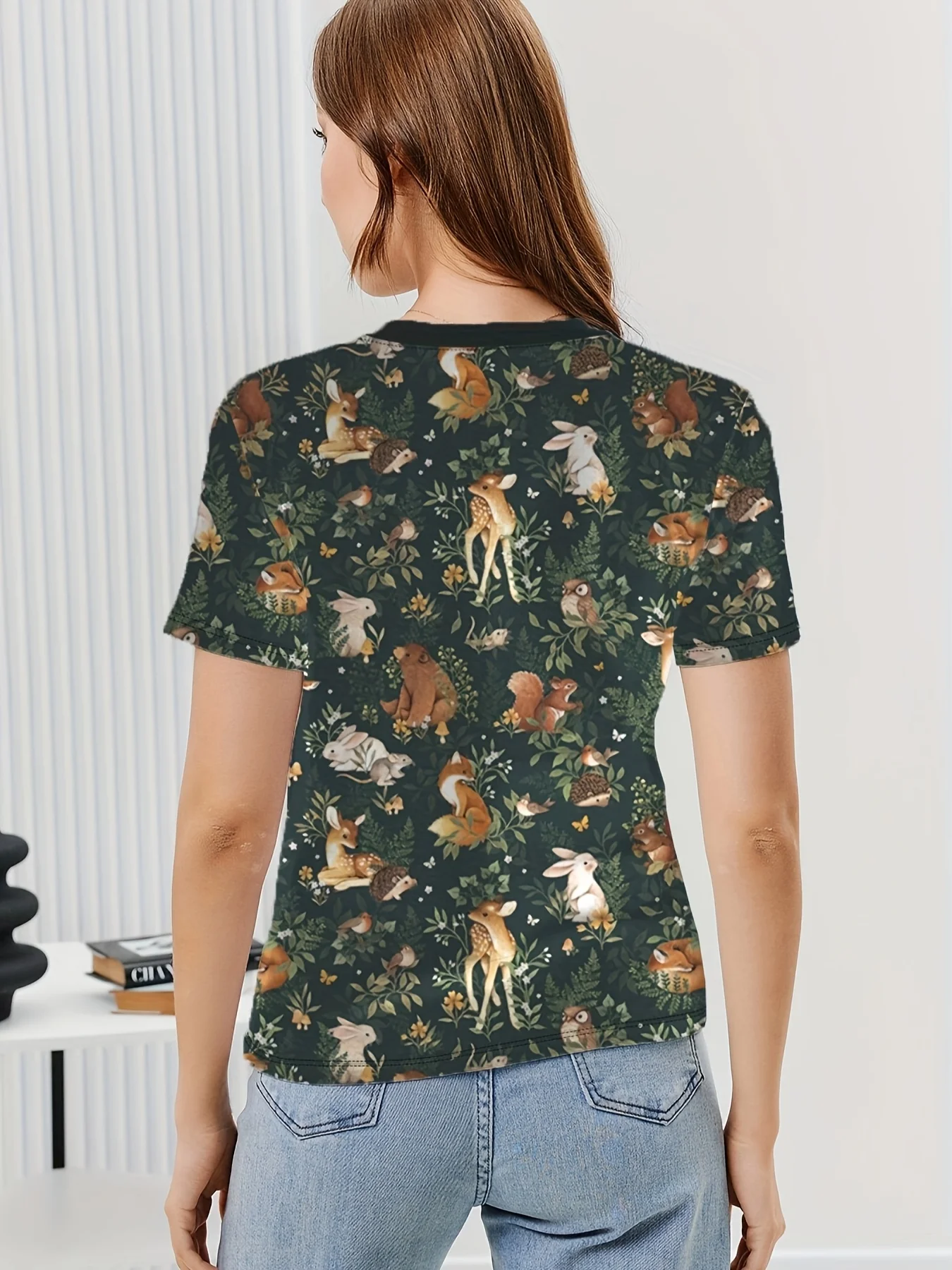 Women's Tee - Forest Animal Pattern Graphic, Whimsical Woodland Print Design for Casual Daily Wear