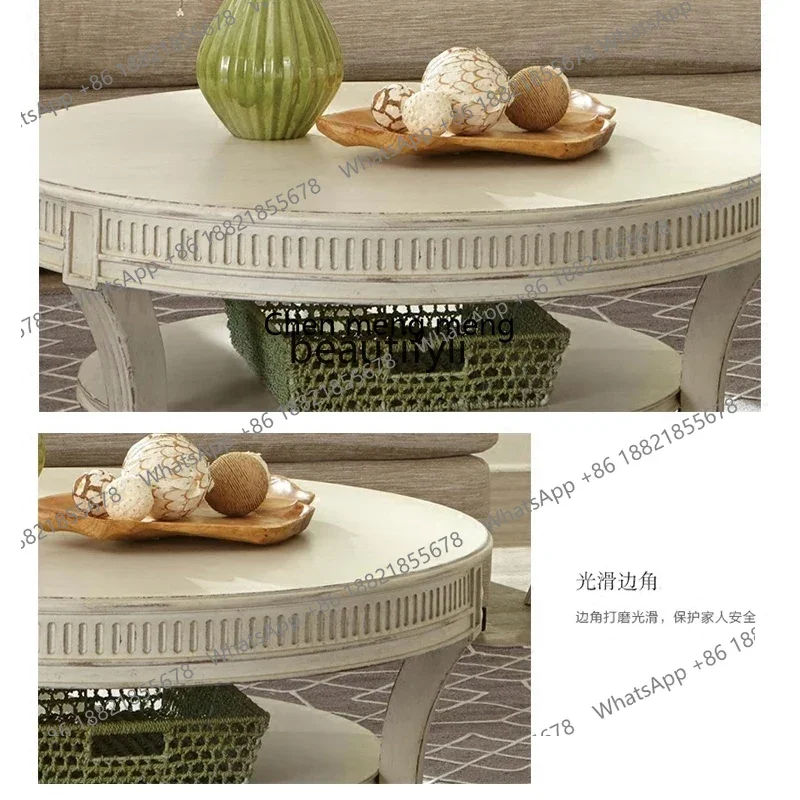 cc182French solid wood round coffee table living room casual tea table old log neoclassical wood carved round coffee table R