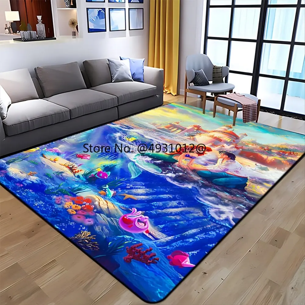 

2023 Disney Mermaid Ariel Princess and Prince Rug Living Room Decor Cartoon Carpet Bedroom Study Full Rug Pad Soft Large Mat