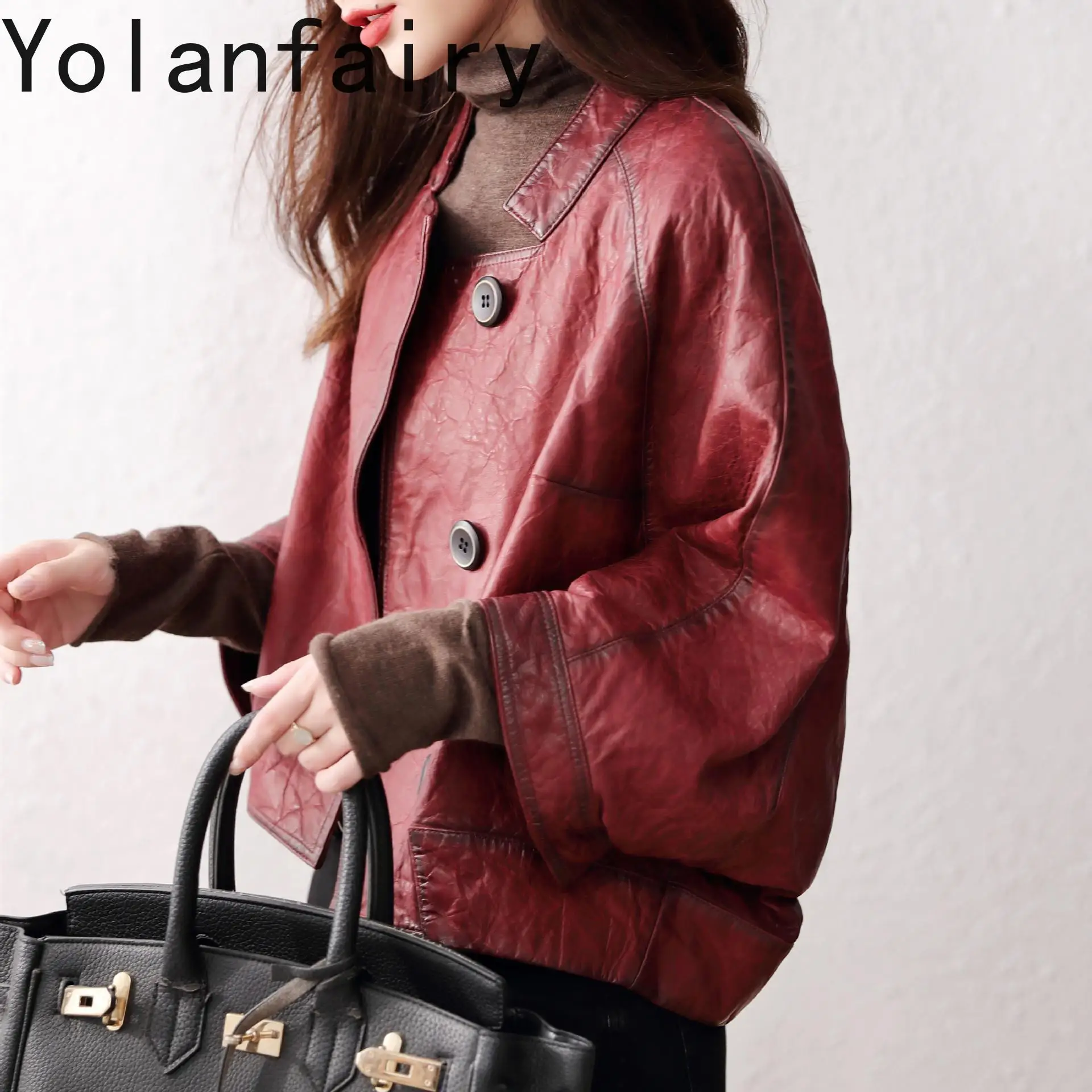 YOLANFAIRY 정품 가죽 양피 코트 여성 의류 짧은 가죽 망토 루즈 코트 및 여성용 재킷 빈티지상의