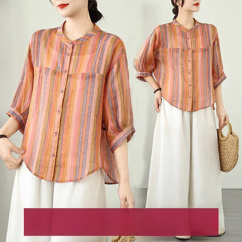 

Женская свободная рубашка из смесового хлопка и льна, тонкая, с коротким рукавом-фонариком, на пуговицах, в полоску, удобная, дышащая, свободного кроя.