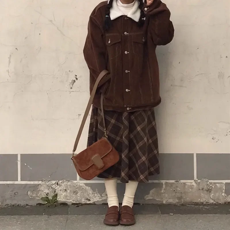 Brown Vintage Petite Plaid Skirt Women's High-waisted Slimming A- line Skirt Medium-length Plaid Dress Female Autumn Style