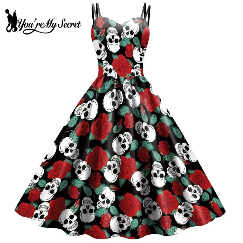 

[You're My Secret] Fancy Skeleton Halloween Women Dress Girl Carnival Party Dresses Female Goth Horror Costume Rockabilly Dress