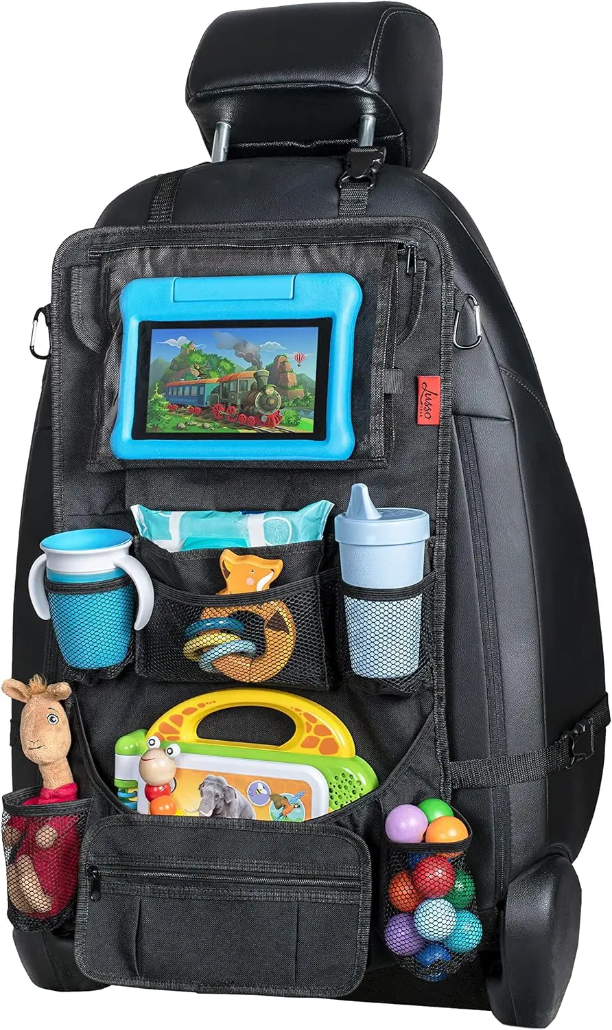 Backseat Car Organizer with Kick Mat, 12 Pockets for iPad, Tablet & Bottles - Durable Travel Essential