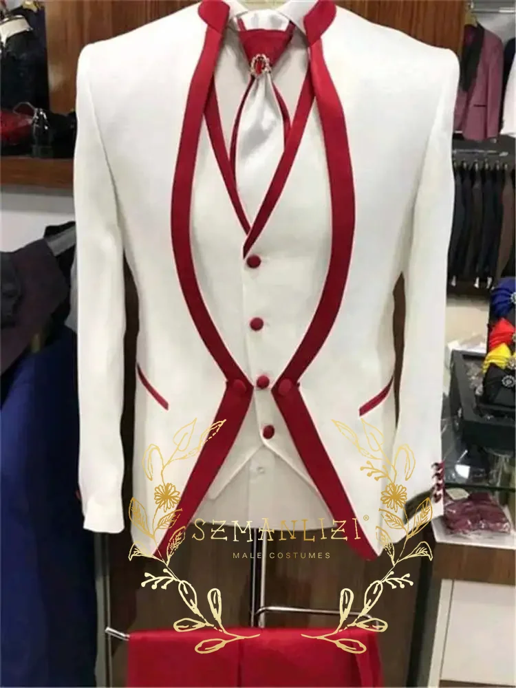 

White Satin Burgundy Rim Stage Prom Party Suit For Men Set Wedding Suits Costume Groom Tuxedo Formal Suits (Jacket+pants+vest)