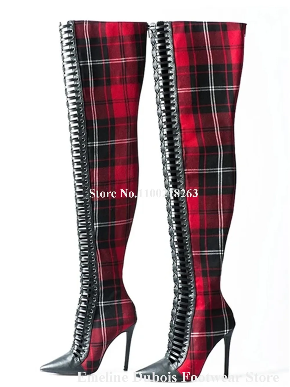 Women Sexy Red Plaid Long Boots Emeline Dubois Pointed Toe Cut-out Stiletto Heel Over-the-Knee Straps Cross Boots Club Shoes