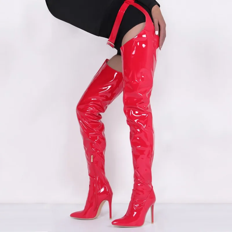 

Woman High Heel Boots Red Patent Leather Waterproof Over The Knee Boot Pointed Toe 11cm Stiletto Belt Buckle Zipper Women's Shoe