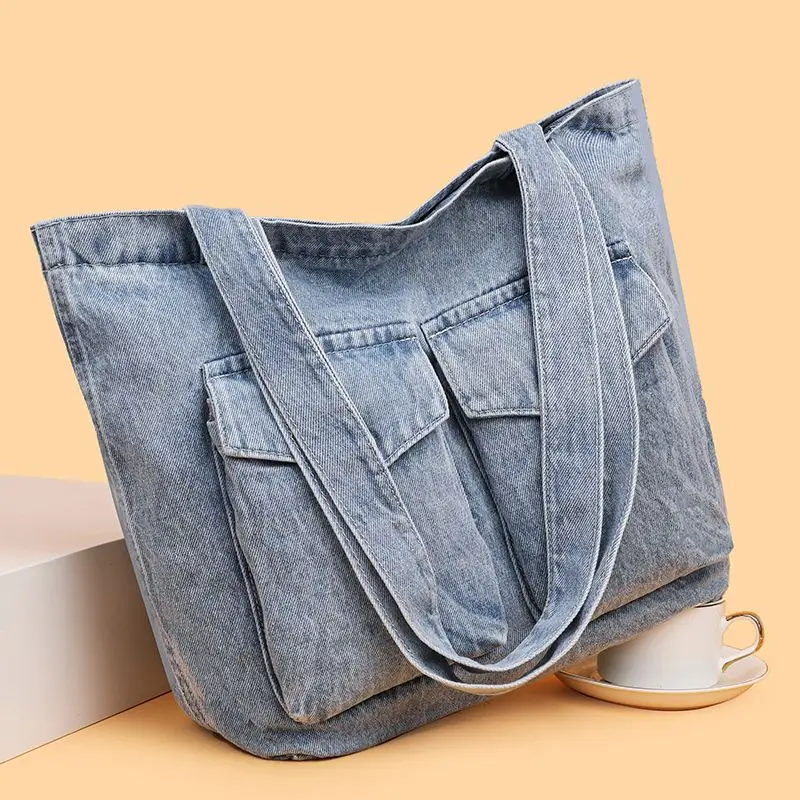 

Simple Large Denim Canvas Tote Bag for Women, Zipper Closure, Fashionable Shoulder Handbag for Work and Commuting