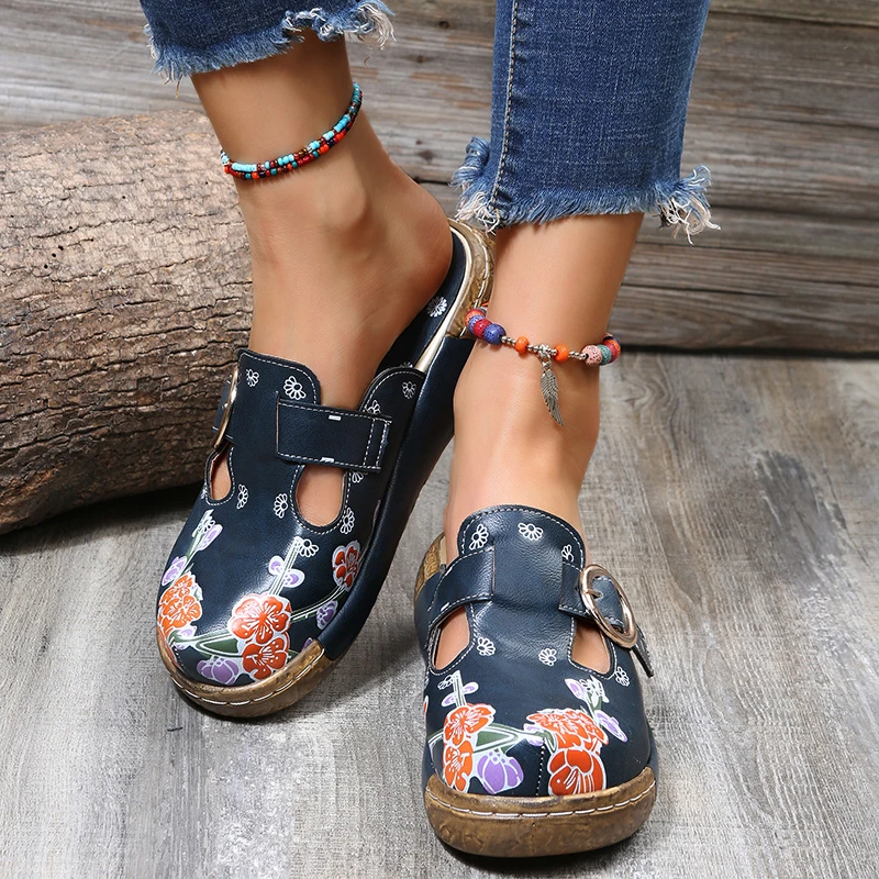 2022 New Summer Women\'s Slippers Fashion Graffiti Flower Sandals Thick Sole Casual Shoes Buckle Flat Sandals Women Slippers