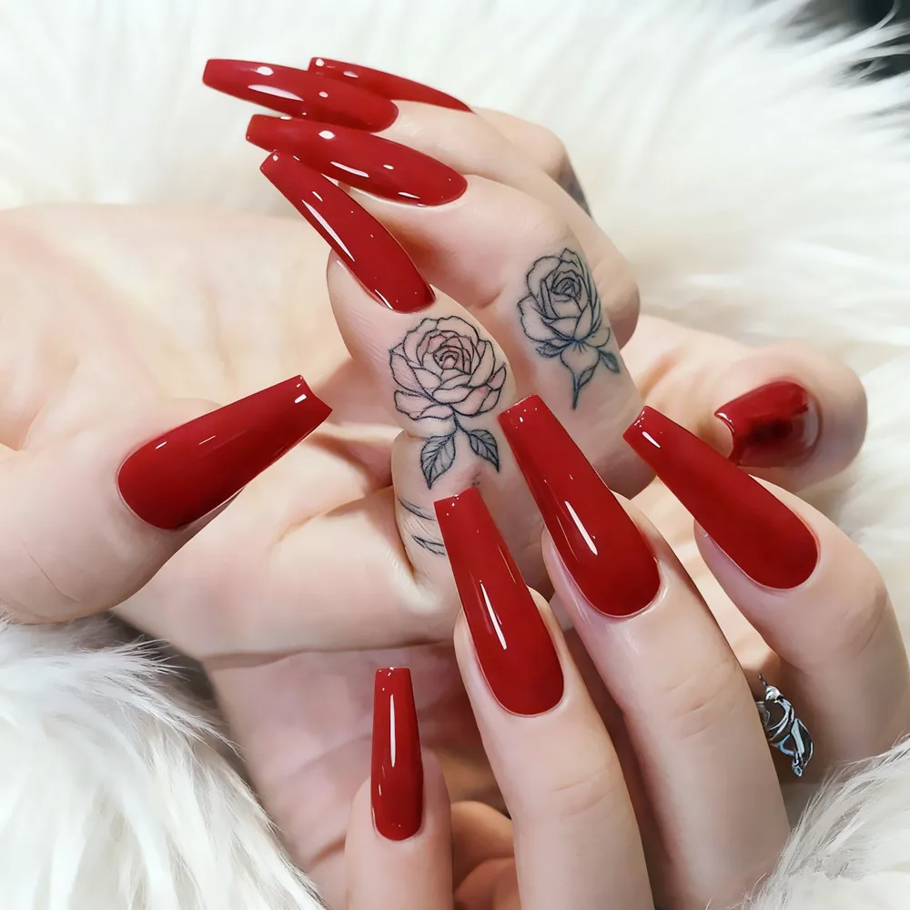 48Pcs Acrylic Fake Nails Press Ons With Glue Burgundy Super Long Ballerina Coffin False Nail DIY Woman Manicure Wholesale Items