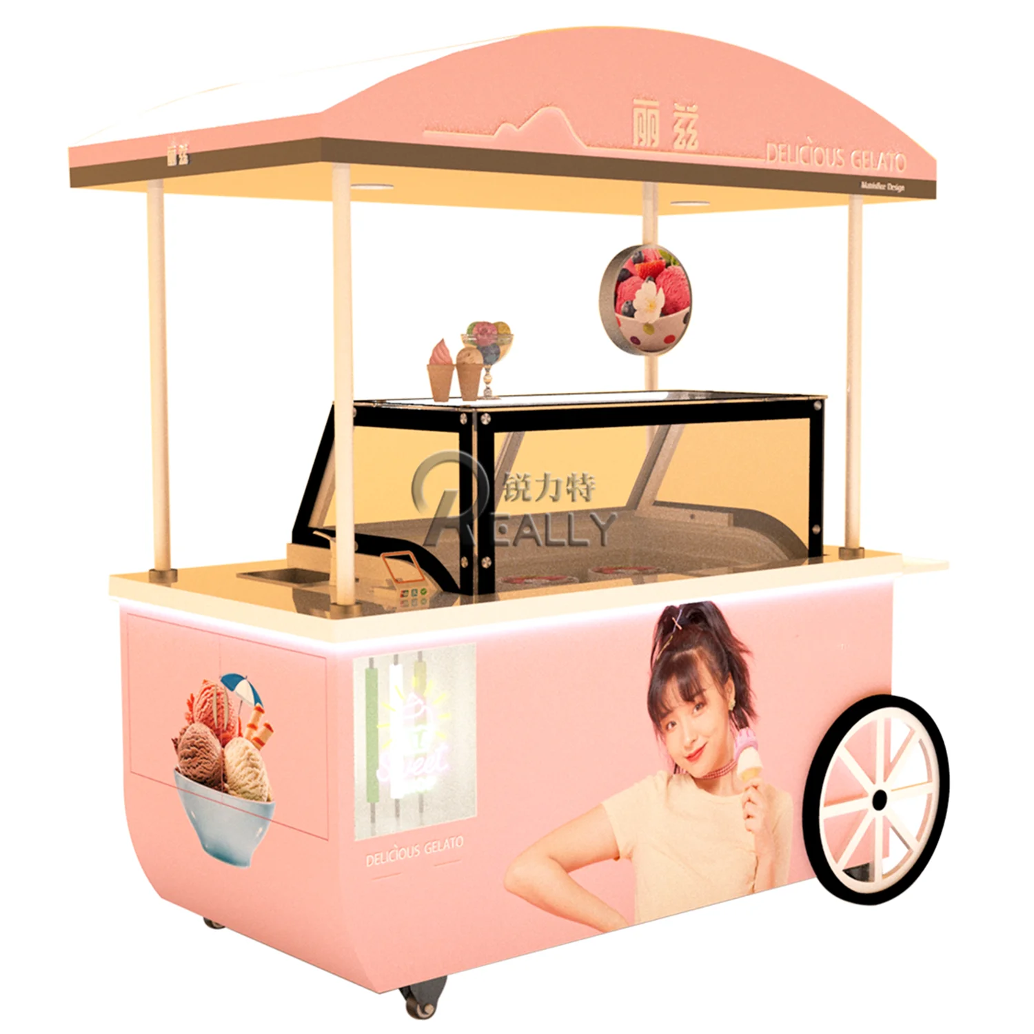 عربة عرض آيس كريم جديدة بعجلات للمشروبات المتنقلة والحلوى والآيس كريم المجمدة وخزانة عرض عربة طعام في الشوارع