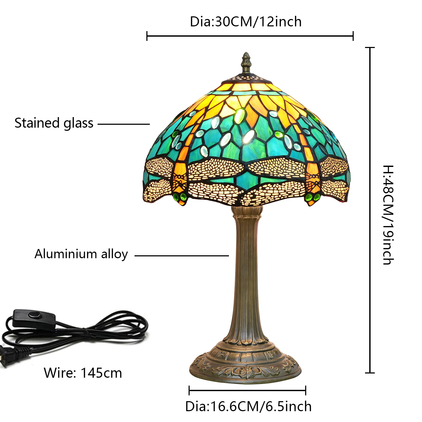 Green Yellow Dragonfly Stained Glass Table Lamp 12 Inches Retro Style Desk Reading Light Decor Beside Bedroom Living Room Home