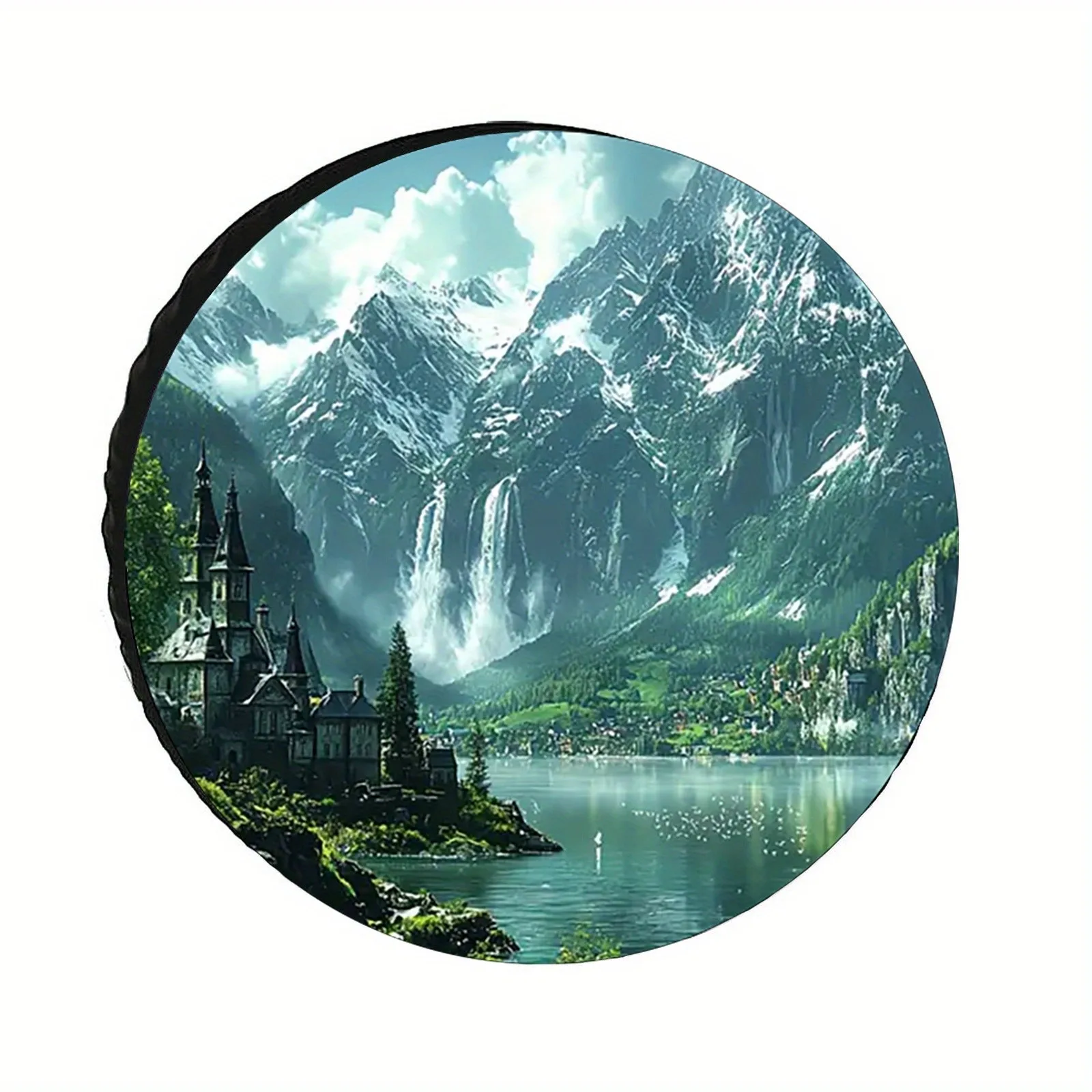 

Fantasy Castle Lake Mountains Print Unique Round Wall Art Decor for Home Living Room Bedroom