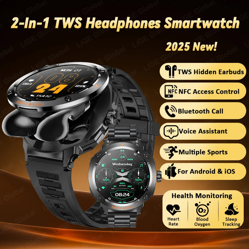 

LIGE 2025 Новый TWS 2-в-1 Смарт-часы с гарнитурой Bluetooth Вызов NFC Смарт-часы Мужчины Монитор сердечного ритма и здоровья Воспроизведение музыки Часы