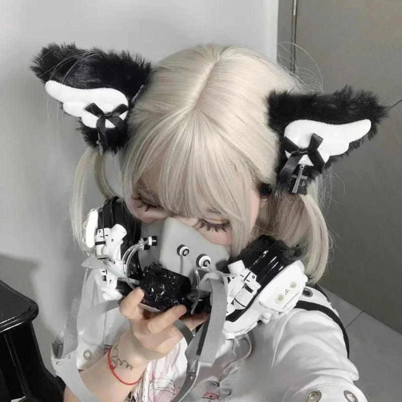 

Y2K Anime Cat Ear Hairclip Cosplay Lolita Kawaii Kitten Headdress With Angel Wing Cross Headwear Halloween Party Accessories