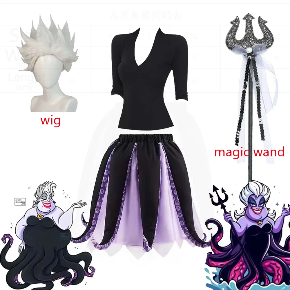 Nuevo Disfraz de Ursula, Bruja del Mar, Falda Morada y Negra, Peluca, Cosplay, Vestido Tutú con Tentáculos de Pulpo, Disfraz para Mujer para Carnaval, Halloween y Fiestas