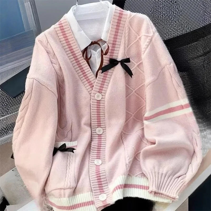 Sweter damski z kokardą, casualowy, słodki, jesienno-zimowy, japoński, klasyczny, w stylu preppy, dzianinowy, płaszcze, Y2K, vintage, kontrastowe kolory, dekolt w serek.