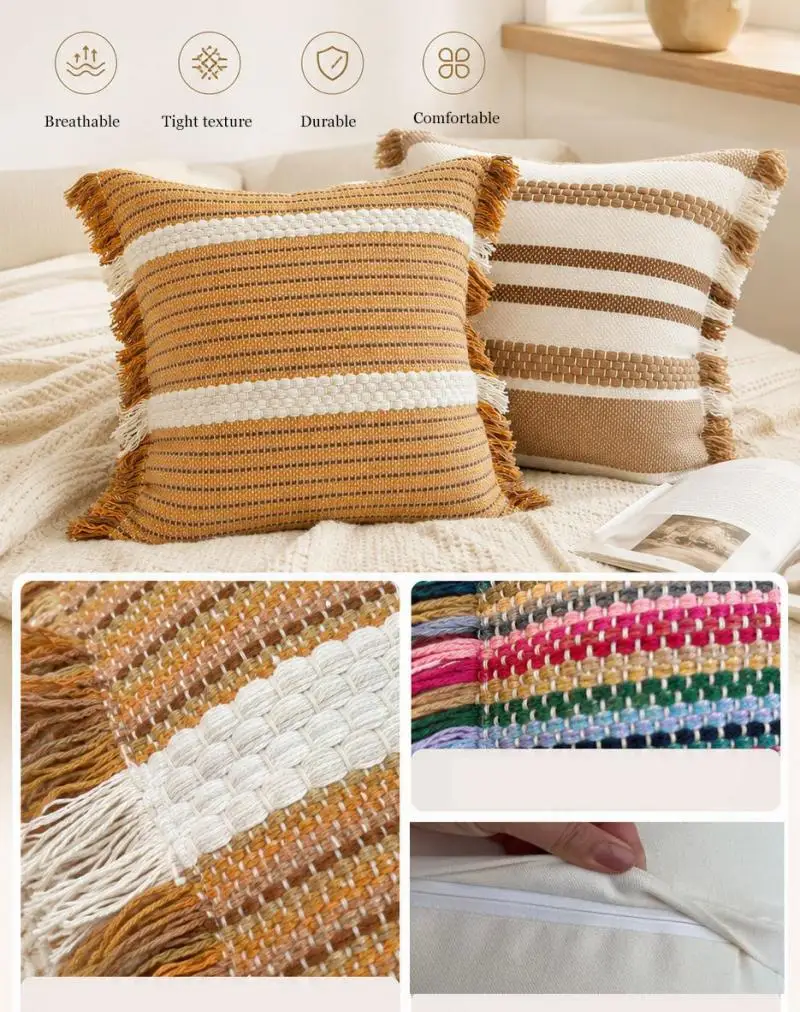 Boho Weave Fransen-Sofakissenbezug Cojines Kontrastierende Textur Fransenstreifen Kissenhülle Deko Zuhause 45x45cm – Detail 9