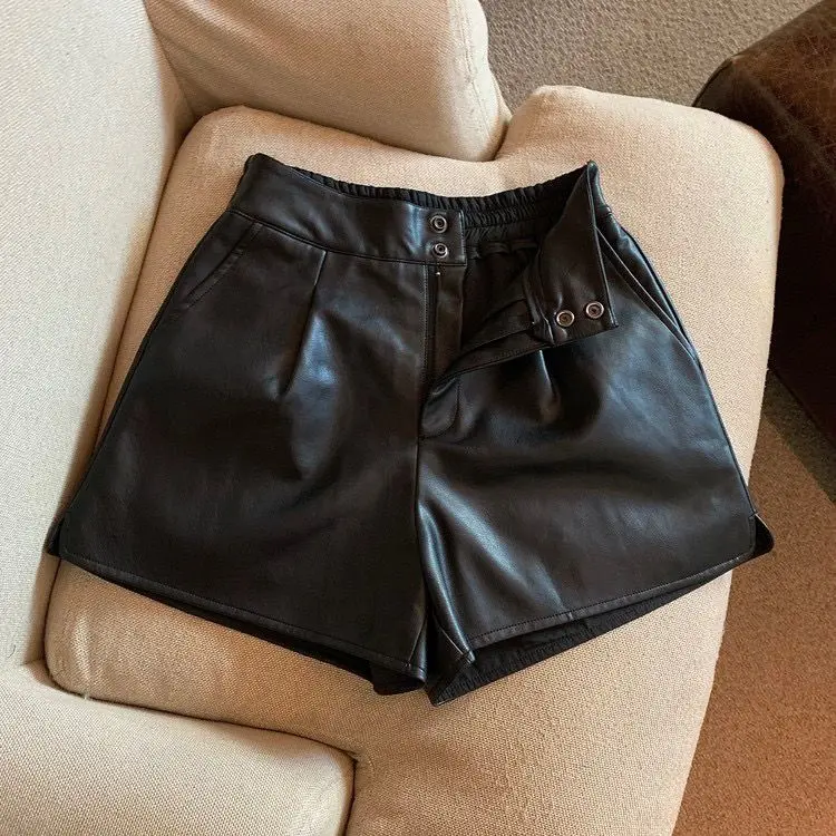 Women Chic Fashion Side Pockets Black Faux Leather Shorts Vintage High Waist Zipper Fly Female Short Pants Mujer PU Y2k Sexy