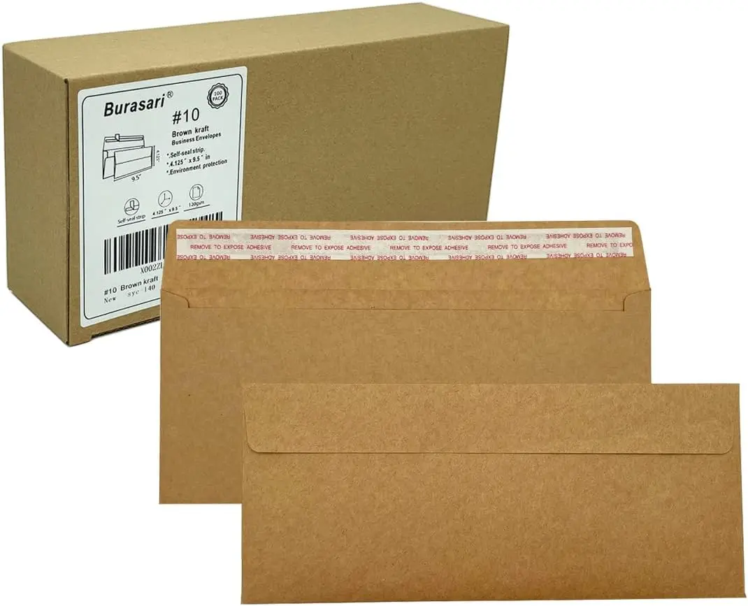 

80Qty #10 Brown Kraft Business Envelopes 4.125x9.5in with Self-Seal Closure, Windowless Design, 120GSM Paper