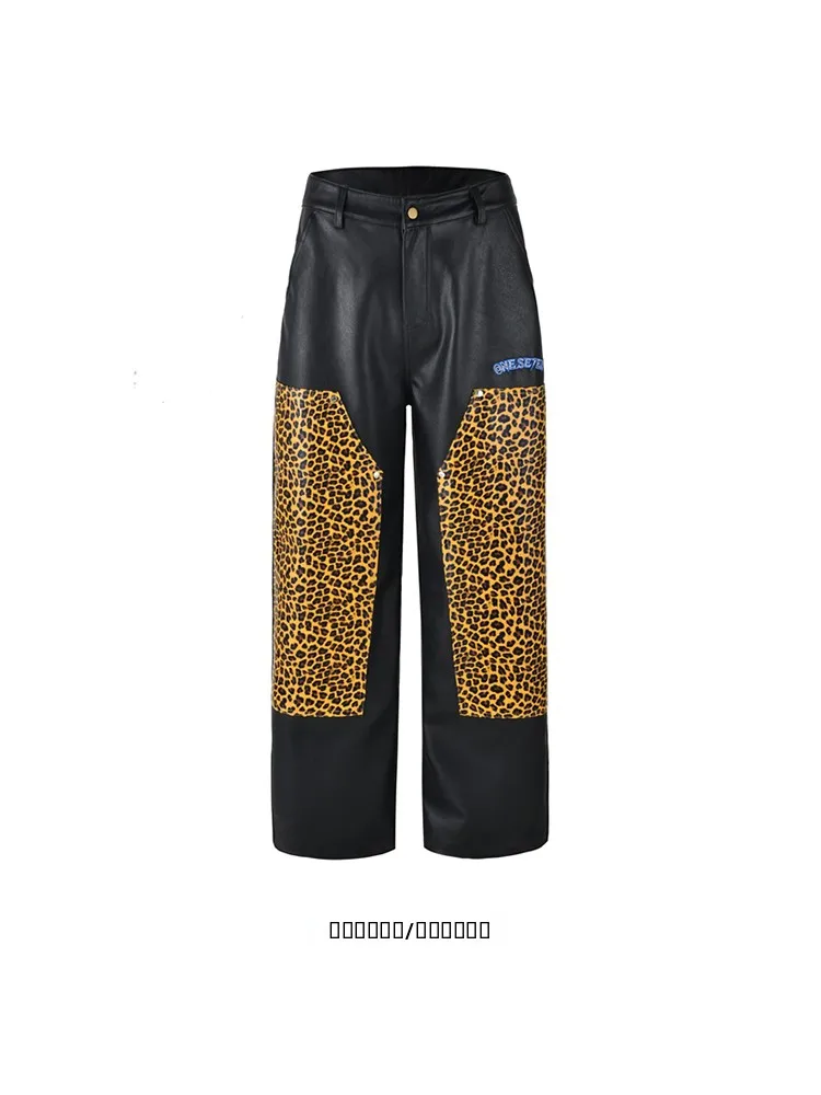 

Свободные кожаные брюки с широкими штанинами от Logical Inference, американский ретро-дизайн с леопардовым принтом и элементами пэчворка, осенне-зимние, повседневные.