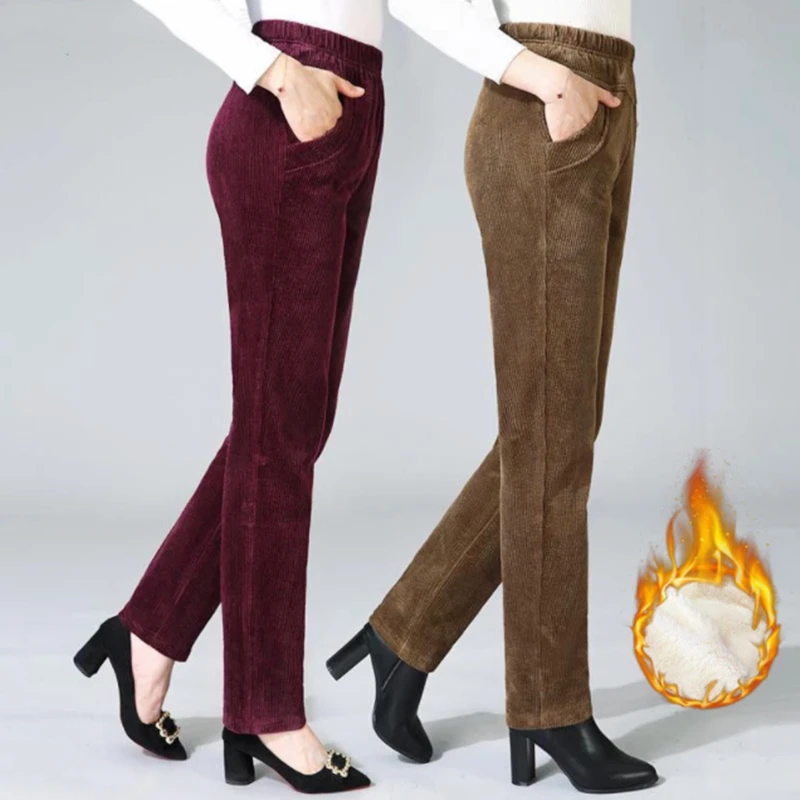 

Warm Corduroy Pants Women Autumn Winter Warm Velvet Straight Pants Vintage High Waist Loose Casual Wide Leg Mom's trousers 5XL