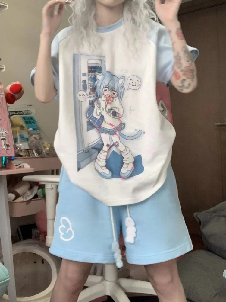 HOUZHOU Kawaii Sweet Lace Up 여성 반바지 귀여운 만화 프린트 일본식 와이드 레그 짧은 바지 헐렁한 캐주얼 젊은 여름