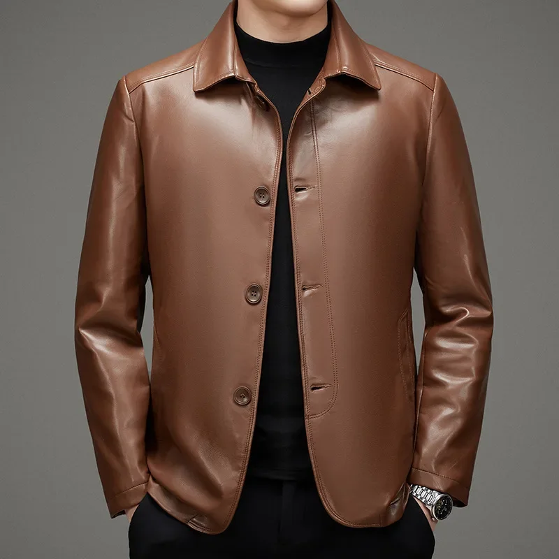 New High-End Men Leather Jacket Middle-Aged Leisure Dad Leather Coat Lapel Casual Solid Color Large Size Outwear Trend