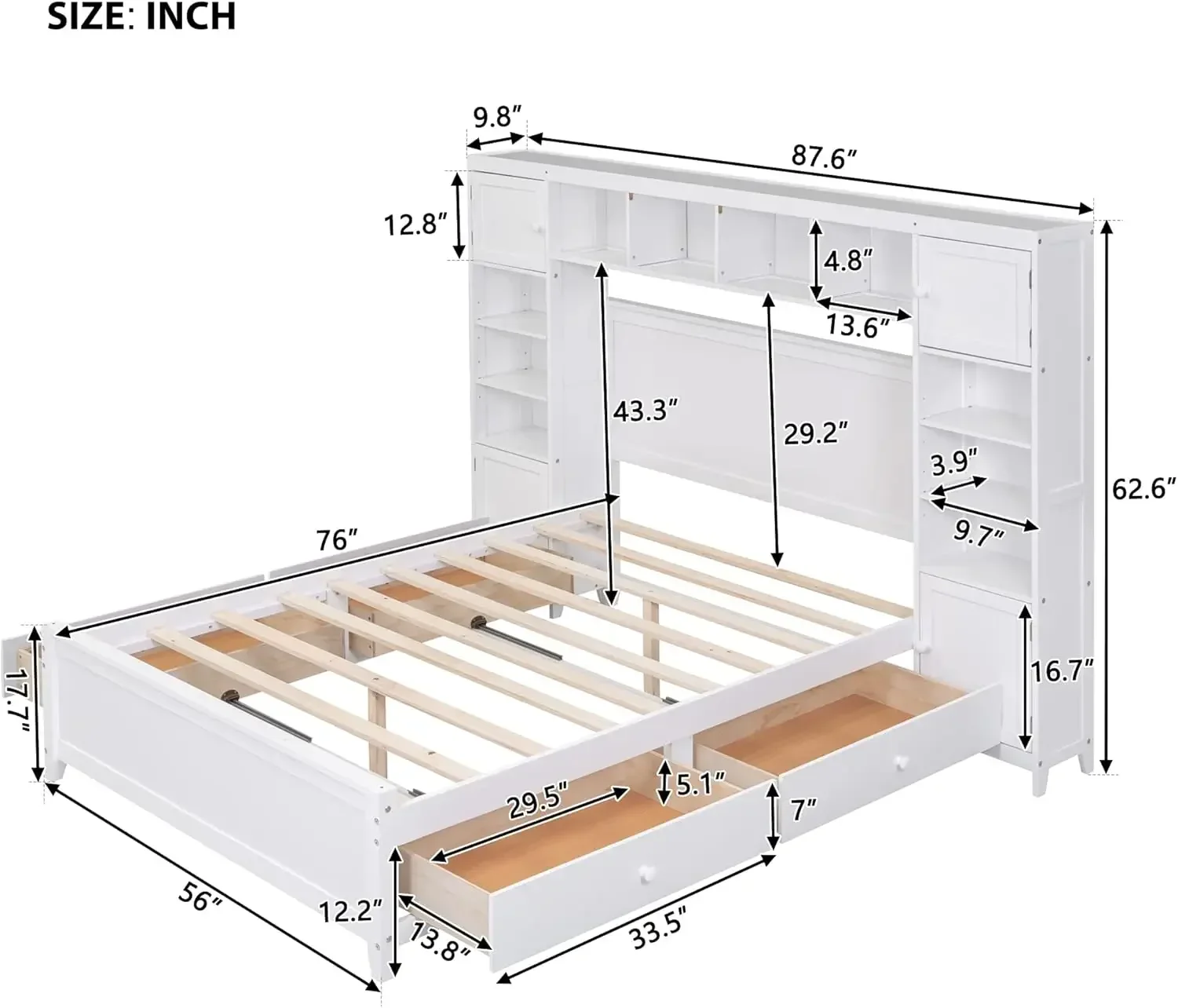 Bookcase Headboard and 4 Storage Drawers, Solid Wood Bed Frame with Cabinet and Bookshelf, No Box Spring Needed - White