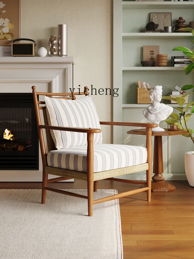 HYS woven rattan chair armchair solid wood cotton and linen single sofa chair balcony wabi sabi leisure