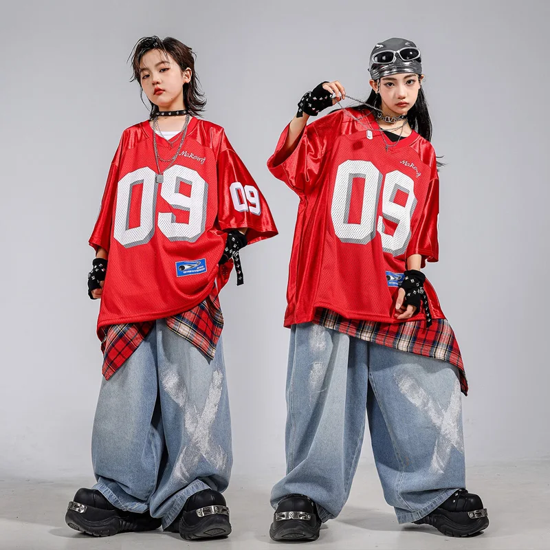Kinder-Hip-Hop-Kleidungsset für Jungen, Street-Dance-Kostüm, Mädchen, Jazz, moderner Tanz, Anzug, Nummer 09, bedrucktes rotes T-Shirt, blaue Jeanshose